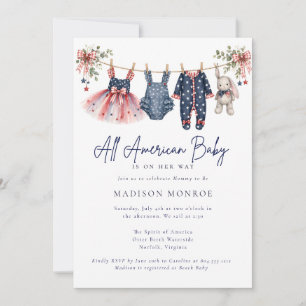 Invitation Fête de bébé américaine sur une corde à linge patr