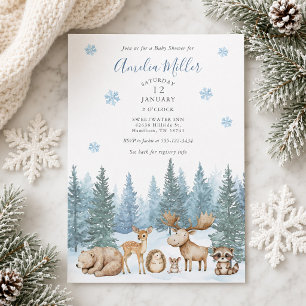 Invitation Fête de Bébé Animaux de la Forêt de Bois en Hiver