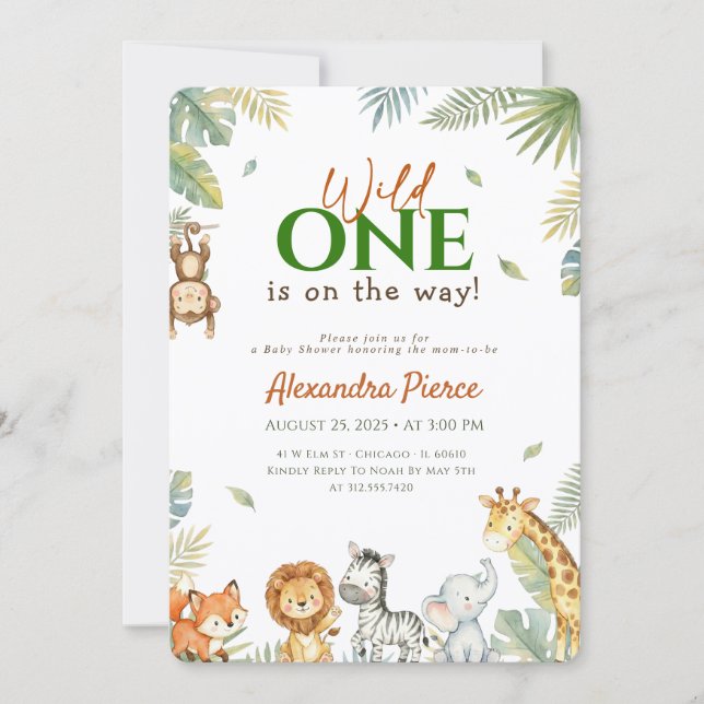 Invitation Fête de Bébé Animaux de la Jungle Wild One (Devant)