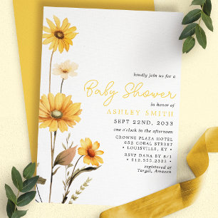 Invitation Fête de Bébé Aquarelle Bohème Fleur Sauvage Jaune