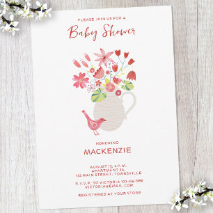 Invitation Fête de Bébé Aquarelle Fleur Sauvage et Oiseau