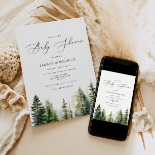 Invitation Fête de bébé arbres pin forêt minimaliste