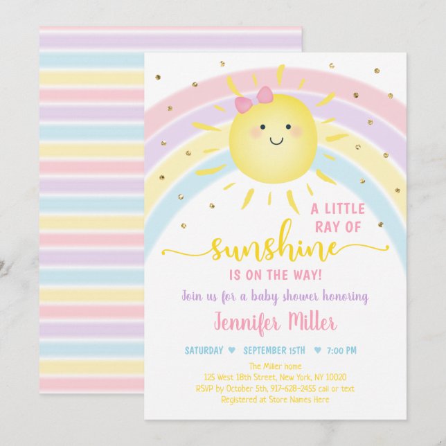 Invitation Fête de bébé Arc-en-ciel Rose Or Pastel Sunshine (Devant / Derrière)