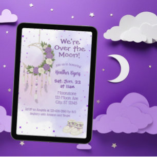 Invitation Fête de Bébé Attrape-Rêves Violet Outre La Lune