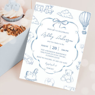 Invitation Fête de Bébé au Ruban Bleu Toile De Jouy