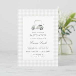 Invitation Fête de Bébé au Vert Sauge à Carreaux avec Chariot
