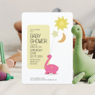 Invitation Fête de bébé avec dinosaure rose et ballons en Myl