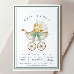 Invitation Fête de Bébé avec Landau Vintage Fleurs Dorées Ver