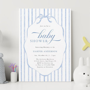 Invitation Fête de bébé avec rayures bleues et cadre festonné