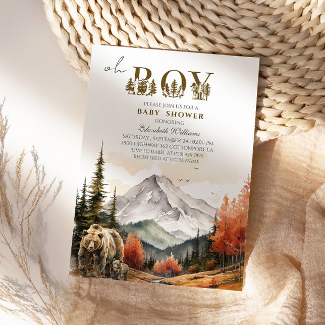 Invitation Fête de Bébé Aventure Ours de Montagne Automne Rus (Créateur téléchargé)