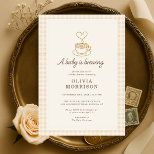 Invitation Fête de Bébé Baby Is Brewing Café Tissu Gingham