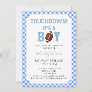 Invitation Fête de bébé Baby Shower Football à carreaux bleus