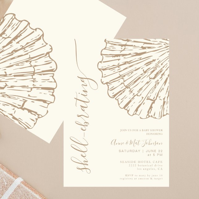 Invitation Fête de bébé beige coquillage côtier Shell-ebratin (Créateur téléchargé)