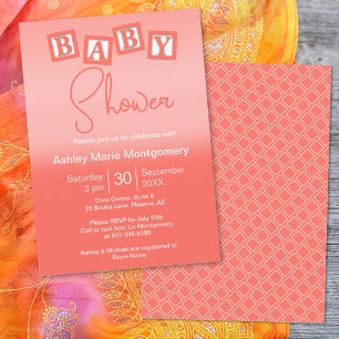 Invitation Fête de bébé blocs BÉBÉ ombré corail amusants et n