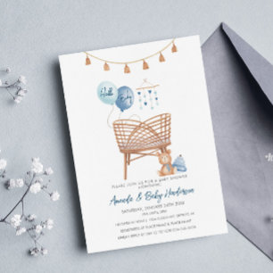Invitation Fête de bébé Bohème Bleu Poussiéreux pour Garçon