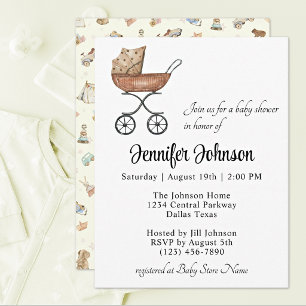 Invitation Fête de bébé Bohème Charmeuse Buggy en osier Antiq