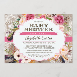 Invitation Fête de bébé Bohème Rose aquarelle et dentelle