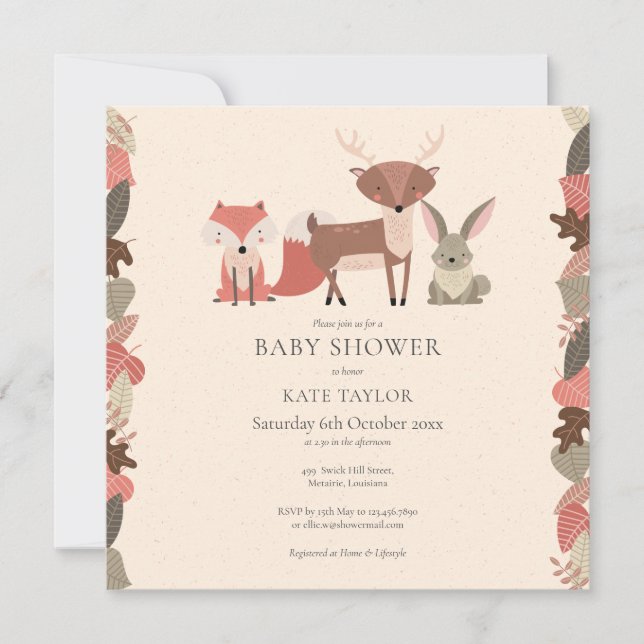 Invitation Fête de bébé Boho Animaux de la Forêt (Devant)