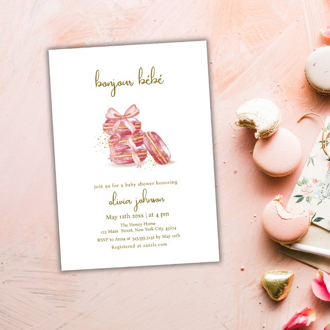 Invitation Fête de bébé Bonjour Bébé Macarons français Baby S (Pink Bow Bonjour Bébé French Macarons Baby Shower Invitation)