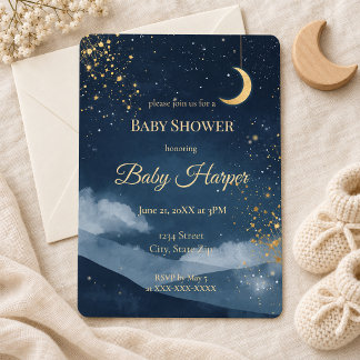 Invitation Fête de Bébé Céleste Lune et Étoiles Or Navy