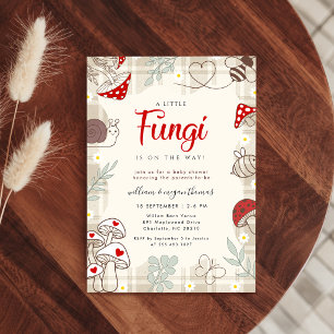 Invitation Fête de Bébé Champignon Petite Carreaux Rustique