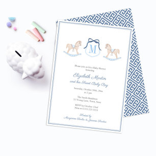 Invitation Fête de Bébé Cheval à Bascule Monogramme Pour Garç