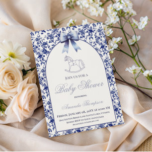 Invitation Fête de Bébé Cheval à Bascule Toile Bleue Vintage