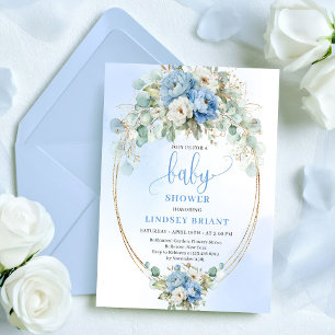 Invitation Fête de bébé chic pastel bleu pivoine eucalyptus o
