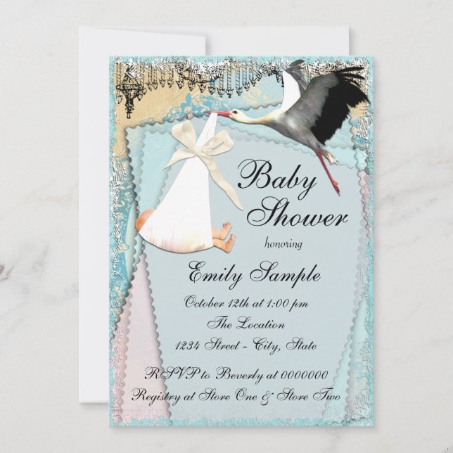 Invitation Fête de bébé cigogne vintage (Devant)
