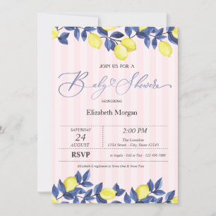 Invitation Fête de bébé Citrons à l'aquarelle Bandes roses