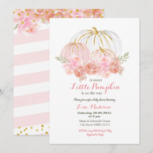 Invitation Fête de bébé citrouille florale pailletée or rose