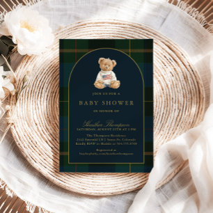 Invitation Fête de bébé classique Ourson vert et carreaux ble