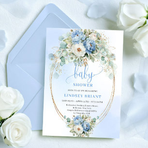 Invitation Fête de bébé Classique Pivoines Bleu Clair Eucalyp