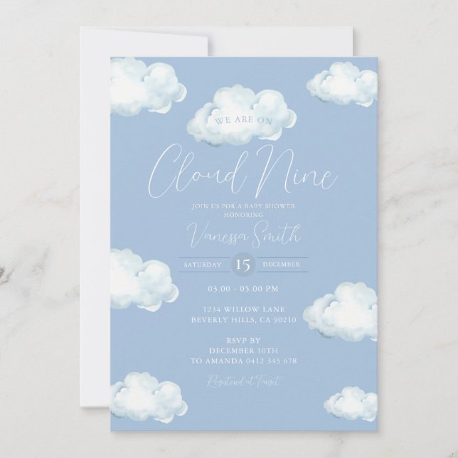 Invitation Fête de bébé Cloud Nine Bleu Nuage (Devant)