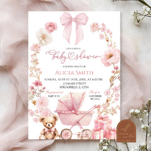 Invitation Fête de bébé Coquette avec un berceau rose
