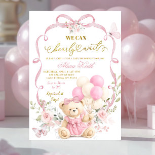 Invitation Fête de bébé Coquette Ourson à Ruban Floral Rose