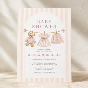 Invitation Fête de bébé corde à linge ourson rose prépa