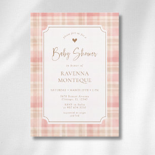 Invitation Fête de bébé Cottagecore Rose Ivoire Carreaux Or