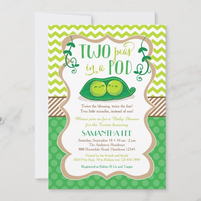 Invitation Fête de bébé Deux petits pois dans une cosse, Invi (Devant)