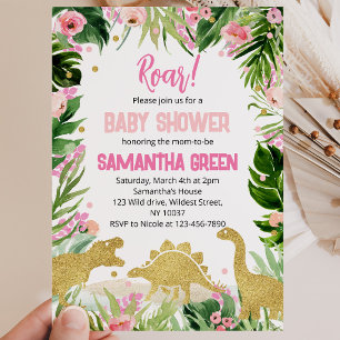 Invitation Fête de Bébé Dinosaure en Or Rose