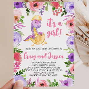 Invitation Fête de bébé dinosaure floral rose et violet