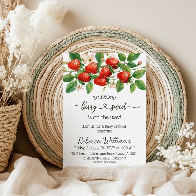 Invitation Fête de bébé Douce Baie de Fraise Rustique Rouge (Créateur téléchargé)