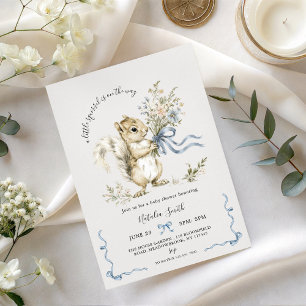 Invitation Fête de bébé écureuil ruban bleu aquarelle