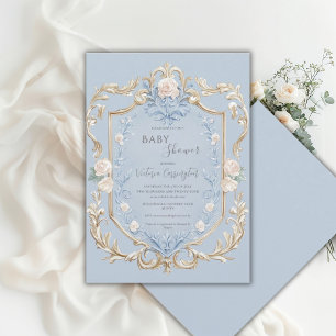 Invitation Fête de bébé élégant cadre doré floral bleu