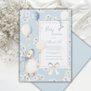 Invitation Fête de bébé élégante Canard floral bleu avec ball