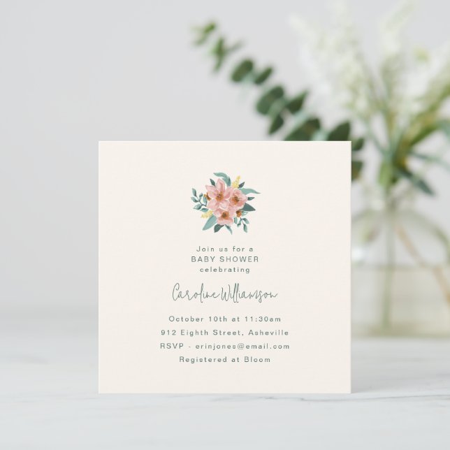 Invitation Fête de Bébé Élégante Florale Minimaliste de Jardi (Debout devant)