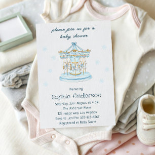 Invitation Fête de Bébé Élégante Vintage Carrousel Bleu et Or