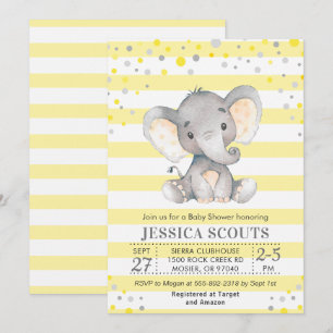 Invitation Fête de bébé éléphant à pois gris jaune neutre