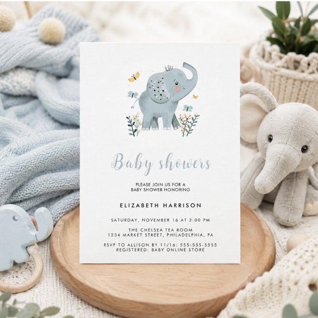 Invitation Fête de bébé éléphant bleu adorable garçon (Adorable Elephant Blue Baby Boy Shower Invitation)