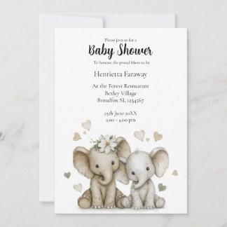 Invitation Fête de bébé éléphants bébé aquarelle mignonne